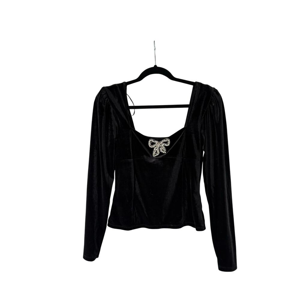 Rachel Zoe Black Velvet Top Sweetheart Neckline Rhinestone Bow Detail Womens S